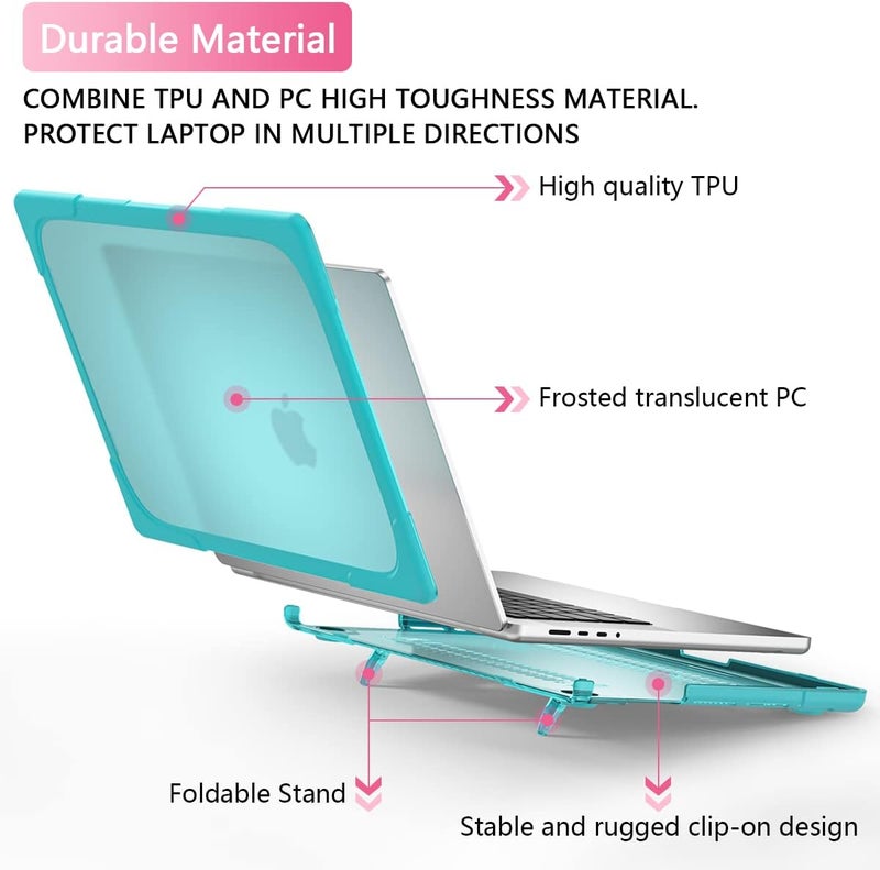 Batianda Heavy Duty Case for New MacBook Pro 14 Inch 2025 M5 M4 M3 M2 Pro/Max Chip- Ergonomic Foldable Kickstand (Holds 22lbs/Zero Wobble) Matte Translucent Rugged Armor Cover with Spare Parts, Cyan - Image 3